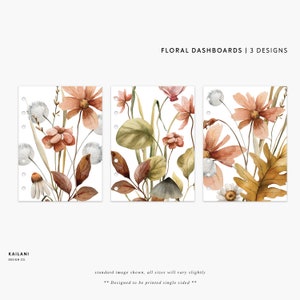 Könnte beinhalten: Drei florale Dashboard-Designs mit Aquarell-Illustrationen von Blumen, Blättern und Pilzen in Braun-, Rosa- und Weißtönen. Die Designs sind für den einseitigen Druck gedacht.