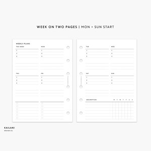 Pocket Rings Inserts, Week on Two Pages, WO2P, Undated Weekly, Weekly Agenda, Printable Weekly Planner, Minimalist, Pocket Inserts Printable