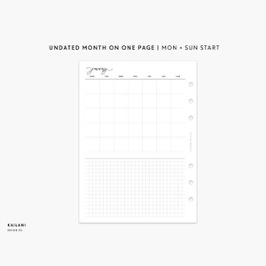 B6 Monthly Insert Printable, B6 Undated Insert, Month on One Page, B6 Rings, B6 MO1P, MON + SUN start