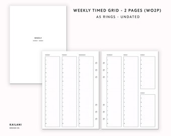 Agenda hebdomadaire A5, grille chronologique, semaine sur deux pages (patron PDF)