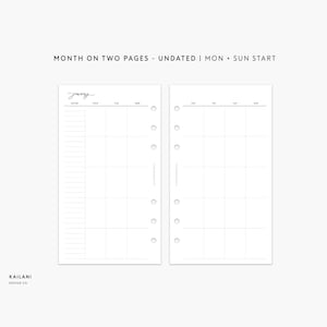 Personal Monthly Planner Inserts, Personal Month on Two Pages, Personal Filofax, Personal Agenda, Personal printable, UNDATED, Mon+Sun Start