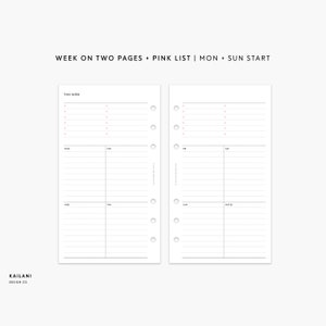UNDATED Personal Weekly Planner Inserts, Personal Week on Two Pages, Personal Filofax, MM Agendas, Personal Rings printable, LISTS