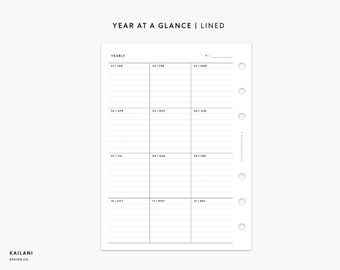 May include: A black and white printable planner page with the title "YEAR AT A GLANCE | LINED". The page is divided into 12 sections, one for each month of the year. Each section has a title with the month and a space for writing notes.