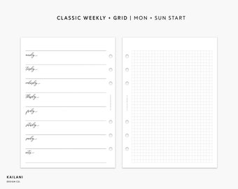 May include: Two white planner pages with a minimalist design. One page features a weekly layout with days of the week, the other a grid. The text "CLASSIC WEEKLY + GRID | MON + SUN START" is at the top. The brand name "KAILANI DESIGN CO." is at the bottom.