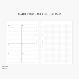 May include: A black and white planner page with a weekly schedule on the left and a grid on the right. The text "CLASSIC WEEKLY + GRID | MON + SUN START" is at the top of the page. The text "THIS WEEK" is at the top of the weekly schedule. The days of the week are listed in a column on the left: MON, TUE, WED, THU, FRI, SAT, SUN. The text "KAILANI DESIGN CO." is at the bottom of the page.