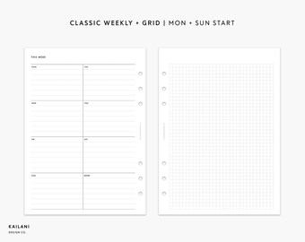 Könnte beinhalten: Eine schwarz-weiße Planerseite mit einem Wochenplan auf der linken Seite und einem Raster auf der rechten Seite. Der Text "CLASSIC WEEKLY + GRID | MON + SUN START" befindet sich oben auf der Seite. Der Text "THIS WEEK" befindet sich oben auf dem Wochenplan. Die Wochentage sind in einer Spalte links aufgelistet: MON, TUE, WED, THU, FRI, SAT, SUN. Der Text "KAILANI DESIGN CO." befindet sich unten auf der Seite.