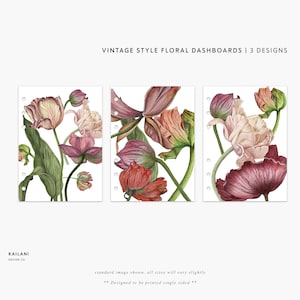 May include: Three printable floral dashboard designs featuring vintage style illustrations of tulips and poppies in shades of pink, red, and white.