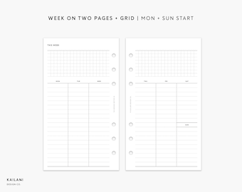 May include: A printable planner page with a grid layout for a week on two pages. The page is designed to start the week on Monday and end on Sunday. The text "This Week" is at the top of the left page.