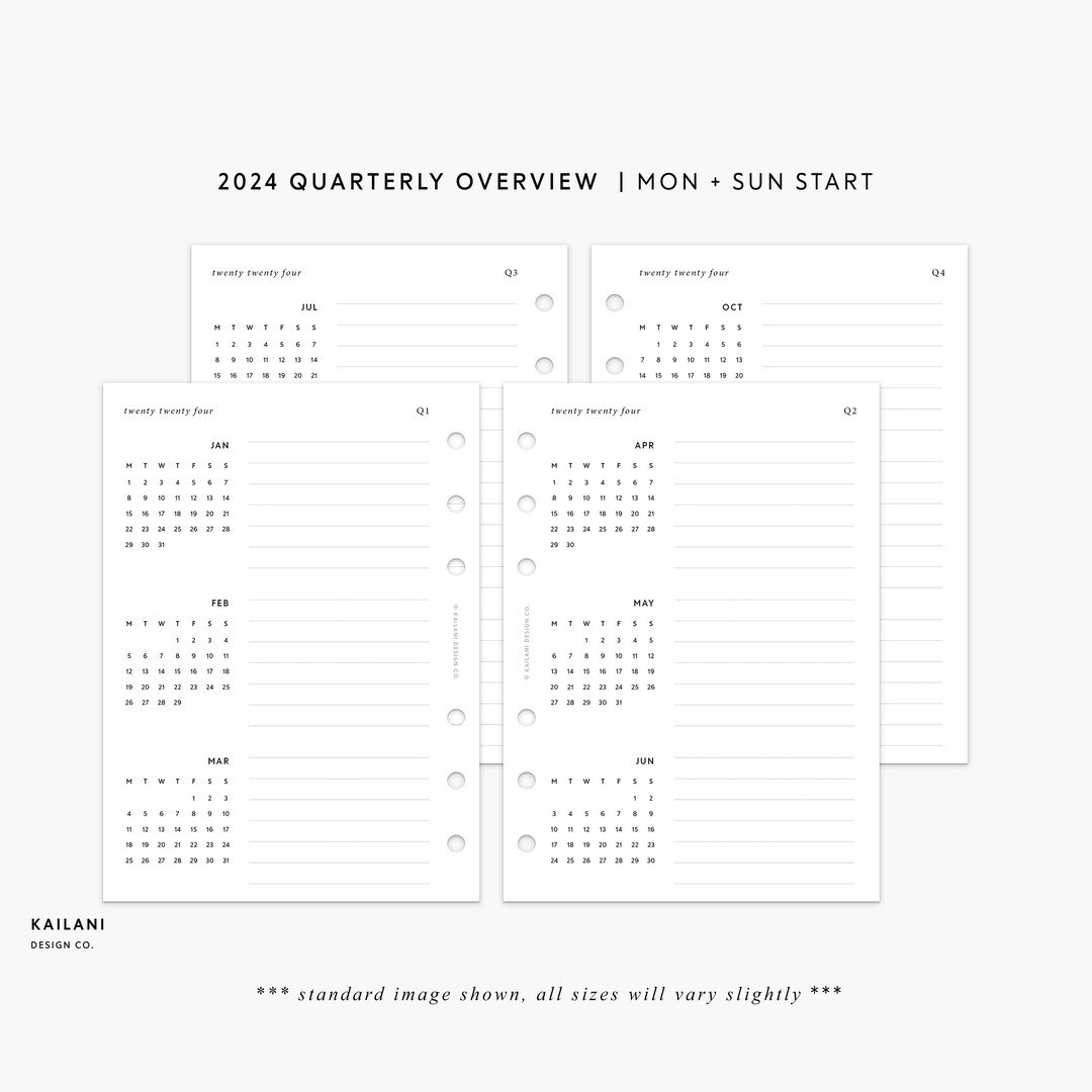 B6 Rings 2024 Calendar Printable, 2024 Year at A Glance, Quarterly