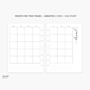B6 UNDATED Monthly Insert Printable, Month on Two Pages, B6 Rings, Monday + Sunday Start, B6 Pink