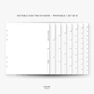 A5 Wide Editable Dividers, Printable Divider Tabs, Side Tab Dividers - Set of 8 - PDF - PNG