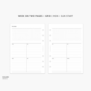 Personal Wide Undated Weekly Planner Inserts, Week on Two Pages, WO2P, Weekly Agenda, Weekly Planner Printable, Undated Weekly, GRID