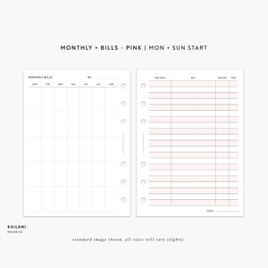 May include: A printable planner page with a monthly calendar on the left and a bill tracker on the right. The calendar is divided into days of the week and has a space for notes. The bill tracker has columns for due date, bill, amount, and paid.