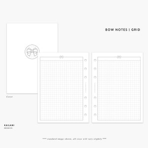 May include: A printable planner page with a grid pattern. The page is designed for use with a disc bound planner. The page has a title that says "BOW NOTES | GRID".