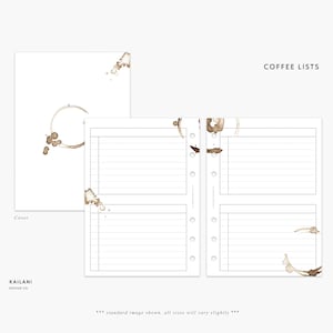 May include: A printable planner insert with a coffee stain design. The insert has four sections with lined pages for writing lists. The text "COFFEE LISTS" is at the top of the page.