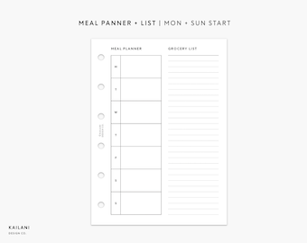 May include: A black and white printable planner page for meal planning and grocery lists. The page is divided into two sections, one for meal planning and one for grocery lists. The meal planning section has a column for each day of the week, Monday through Sunday. The grocery list section has a blank space for writing down groceries.