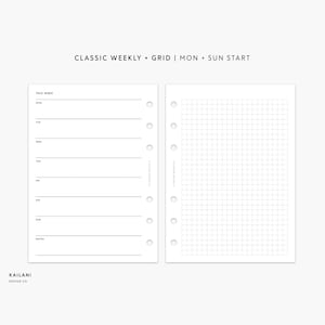 Puede incluir: Una página de planificador imprimible con un horario semanal a la izquierda y una cuadrícula a la derecha. El texto "CLASSIC WEEKLY + GRID | MON + SUN START" está en la parte superior de la página.