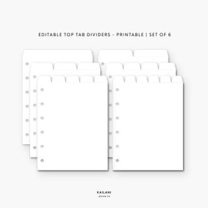 Pocket Editable Dividers, Printable Divider Tabs, Top Tab Dividers - Set of 6 - PDF - PNG