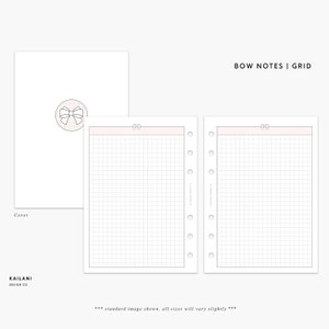 Puede incluir: Una página de planificador imprimible con un patrón de cuadrícula y un diseño de lazo de cinta rosa. El texto "BOW NOTES | GRID" está en la parte superior de la página.