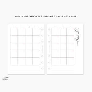 UNDATED Monthly Planner, A6 Insert Printable, Month on Two Pages, Printable Minimalist, Month on 2 Pages, MONDAY + SUNDAY Start, A6 Pink