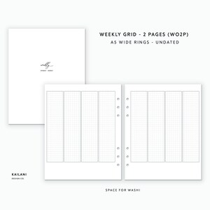 May include: A printable planner page with a weekly grid layout. The page is divided into seven columns, one for each day of the week. The grid is designed for use with a A5 wide ring binder. The text "WEEKLY GRID - 2 PAGES (WO2P)" and "A5 WIDE RINGS - UNDATED" is printed at the top of the page. The text "SPACE FOR WASHI" is printed at the bottom of the page.