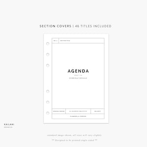 May include: Black and white printable agenda planner section cover with the text "AGENDA what's on EVERYDAY DETAILS" and "MINIMAL DESIGN for MAXIMUM CREATIVITY 365 DAYS PLANNING for PURPOSE".