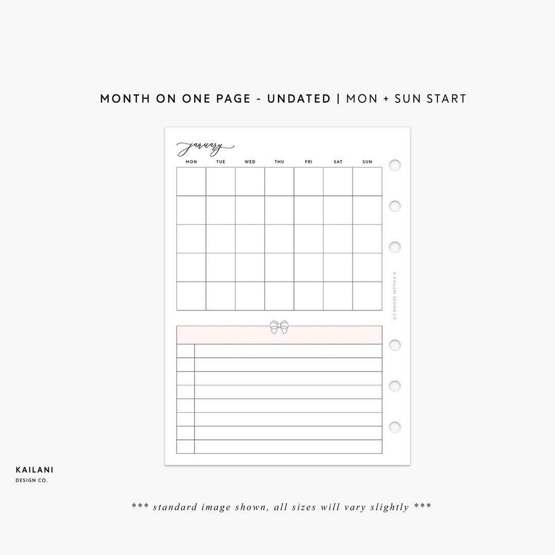 Monthly Planner Printable Insert, UNDATED Month on One Page, A5 Planner Printable Monthly, A5 ...