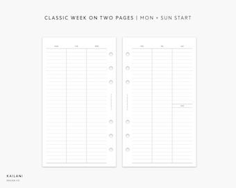 May include: A printable planner page with a classic week on two pages layout. The page is designed for a planner with a Monday start and Sunday end. The page is divided into seven columns for each day of the week. Each column has a header with the day of the week abbreviated. The page has a blank space for notes at the bottom.