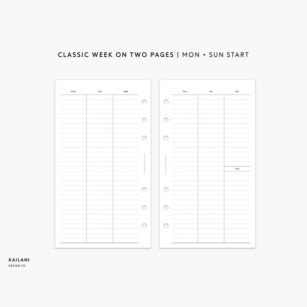 Personal Undated Weekly Inserts Printable, Week on Two Pages, WO2P, Printable Weekly Planner, Undated Weekly, Personal LINED