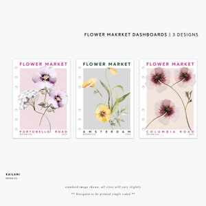 Könnte beinhalten: Drei druckbare Blumenmotive für Dashboards. Die Designs zeigen Aquarell-Illustrationen von Blumen mit den Namen "Portobello Road", "Amsterdam" und "Columbia Road", die unter jedem Design gedruckt sind.