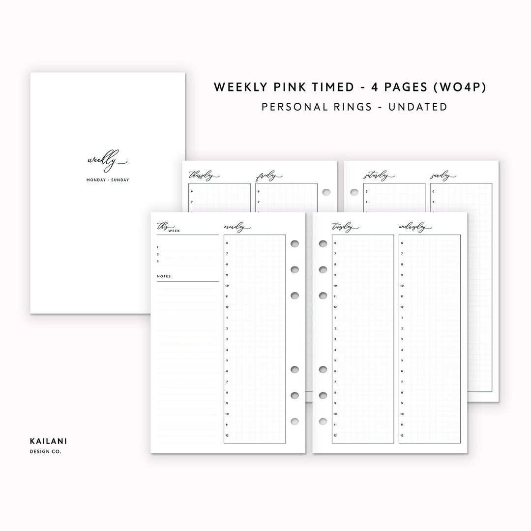 Personal Rings Weekly Planner Inserts, Pink Timed Grid (PDF Pattern) - Etsy