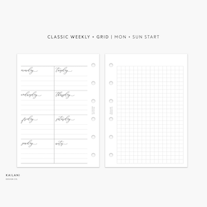 May include: A weekly planner page with a grid layout. The page is divided into seven sections for each day of the week, starting with Monday and ending with Sunday. The page also includes a grid section for notes.