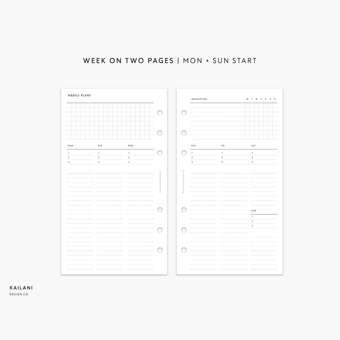 Week on Two Pages Printable, Undated Weekly Inserts (PDF Pattern) - Etsy