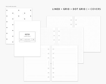 May include: A set of printable planner pages with lined, grid, and dot grid options. The pages are designed for use with a disc-bound planner. The image also includes two cover options, one with a solid black background and the other with a black and white polka dot pattern. The text "NOTES" is printed on the cover.