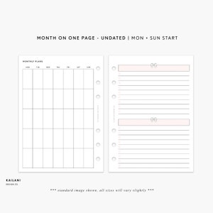 B6 UNDATED Monthly Insert Printable, Month on One Page, B6 Rings, B6 Pink, B6 Bow, B6 LISTS