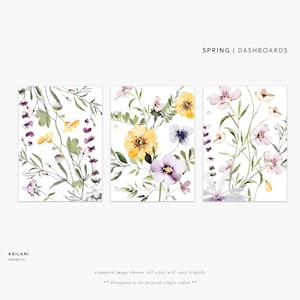 Könnte beinhalten: Drei druckbare Dashboard-Designs mit Aquarell-Illustrationen von Frühlingsblumen in Gelb-, Lila- und Rosatönen auf weißem Hintergrund. Der Text "SPRING | DASHBOARDS" befindet sich oben im Bild.