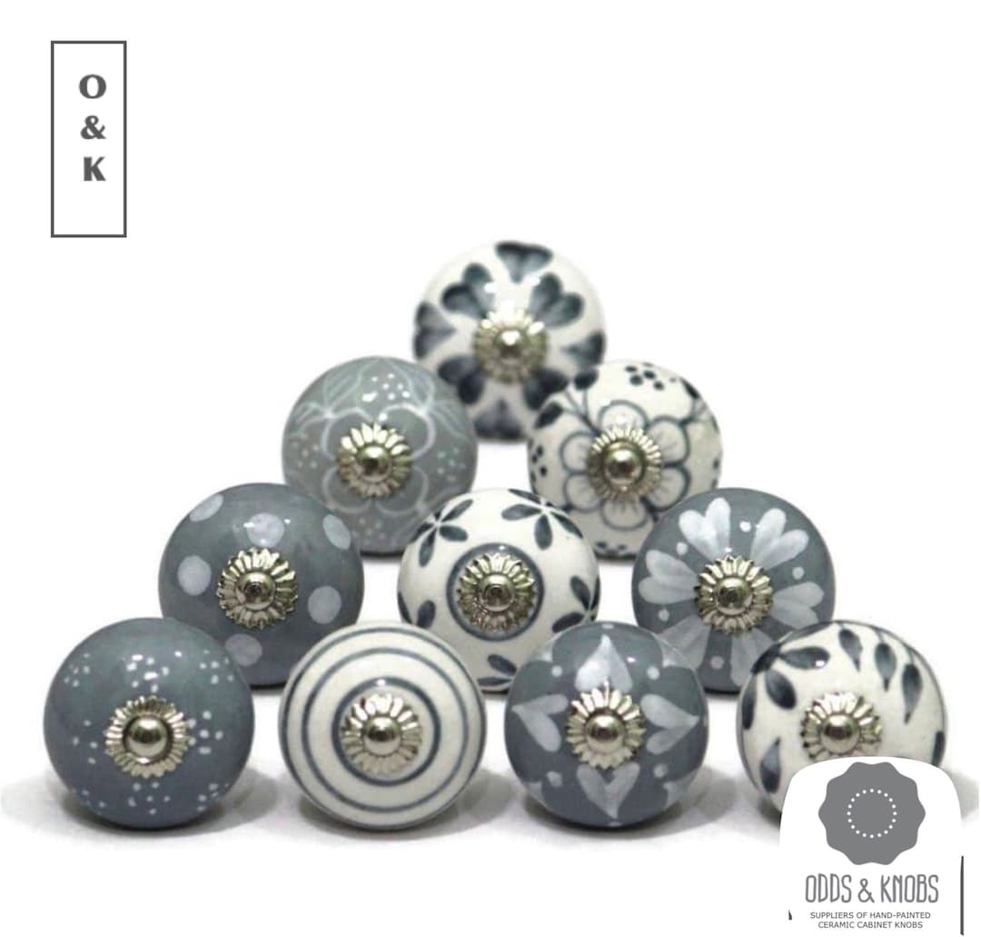 The Original Grey and White Knobs Grey White Drawer Knobs Vintage Style Hand Painted