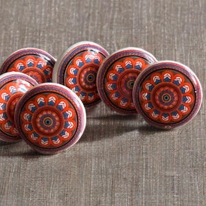SECONDS - Red and white mandala ceramic drawer knob cabinet knob wardrobe handles cabinet handles sets of 2/4/6/8/10/12