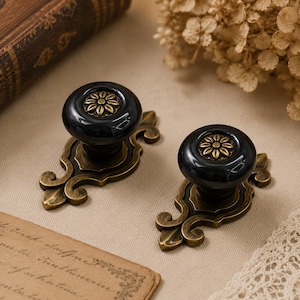May include: Two cabinet knobs featuring a glossy black circular top with a central brass-toned floral inlay. Each knob is mounted on an ornate, elongated brass-toned metal backplate with curved, scroll-like detailing at the base and top.