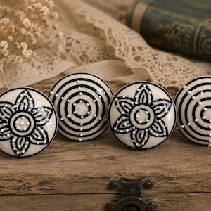 Ornate black and cream drawer knob black white handpainted ceramic knob cabinet knob wardrobe handles cabinet handles knob sets of 4
