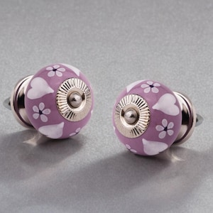 Viola drawer knobs purple and white ceramic knob purple floral hearts hand painted cabinet knob lilac knobs wardrobe handle cabinet knob set
