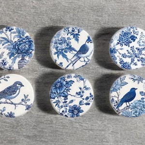 Blue and white bird wood drawer knob wooden knob cabinet knob wood drawer knobs blue and white knob sets of 6