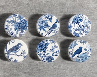 Blue and white bird wood drawer knob wooden knob cabinet knob wood drawer knobs blue and white knob sets of 6