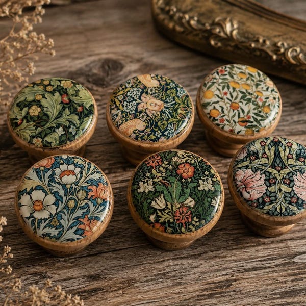 William Morris cabinet knobs, strawberry thief/green collection willliam morris wood drawer knobs, cabinet handles,green collection set of 6