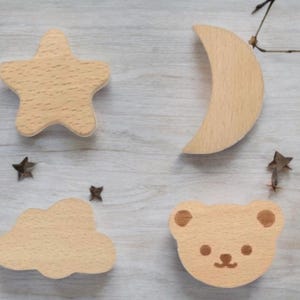 Wooden cabinet knobs, wooden drawer knobs, sun knobs, moon knobs, cloud knobs, teddy bear knobs, knobs for nursery of set of 4