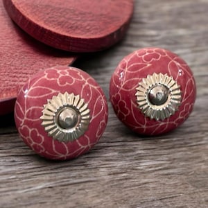 Cerise & White Floral Ceramic Cabinet Knobs, Hand Painted Deep Rose Drawer Knobs, Vintage Style Cupboard Handles, Kitchen Cabinet Hardware