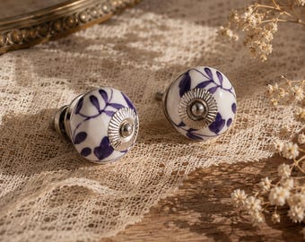 Paarse ladeknoppen paarse en witte keramische knop paarse en witte handgeschilderde kastknop kastgrepen kastknoppen sets van 2