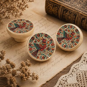 Kalamkari style cabinet knobs, wooded drawer knobs, sage green cabinet handles,bird and floral design collection set of 6