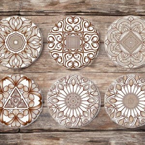 Mandala mango wood drawer knob wooden knob cabinet knob floral wood drawer knobs wooden knobs sets of 6 - seconds