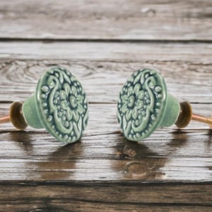 Etched sage green floral drawer knob aqua green ceramic knob green cabinet knob Parisian Style Floral wardrobe handles knobs